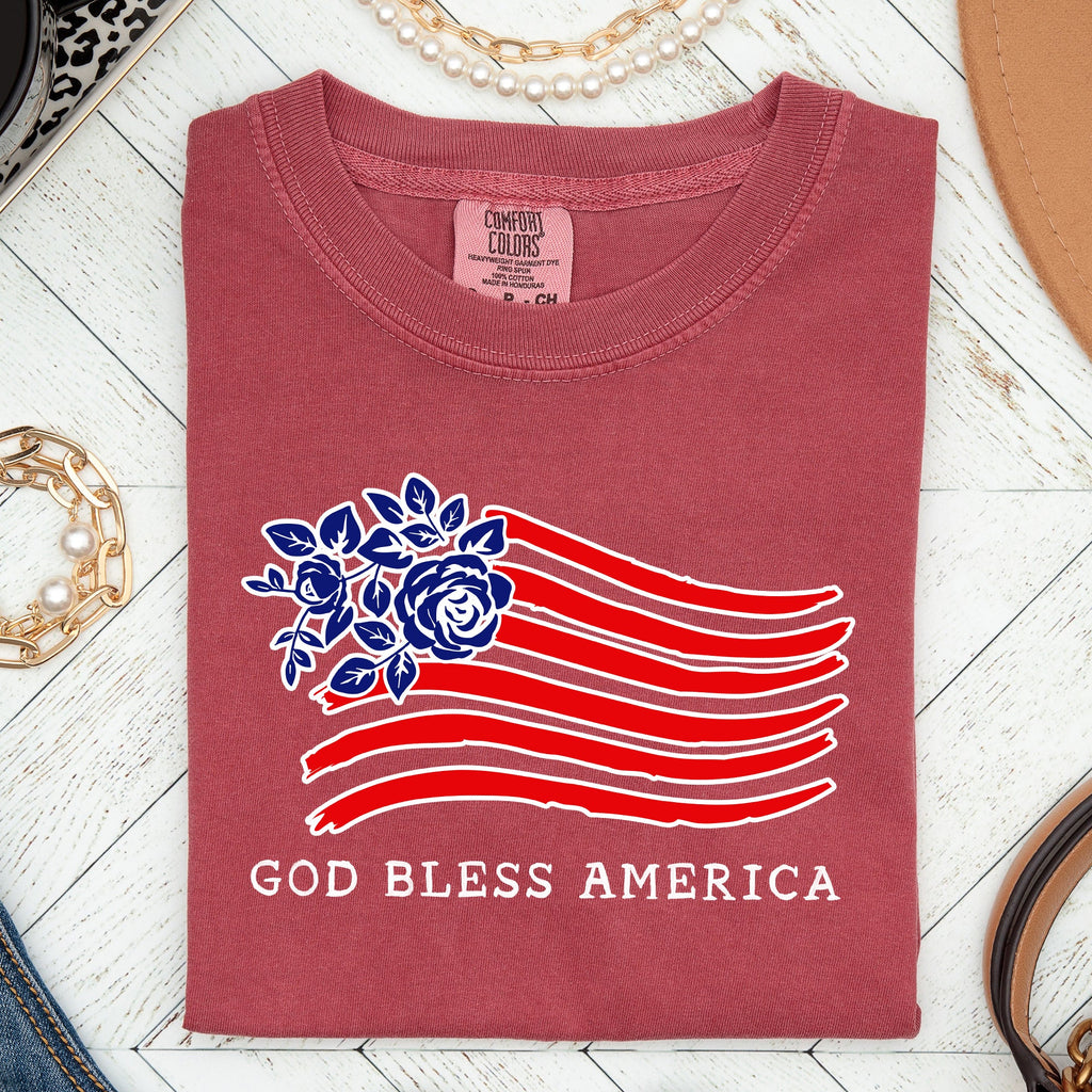 God Bless America Flower Flag Patriotic Design For Freedom And Country Pride Comfort Colors Tee