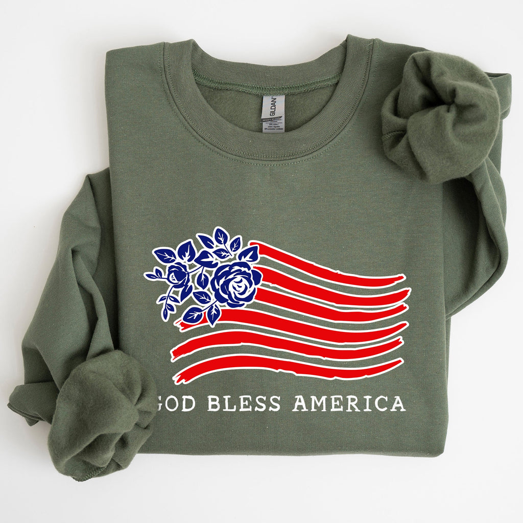 God Bless America Flower Flag 4th Of July Patriotic Floral Pattern Vintage Style Sweatshirt