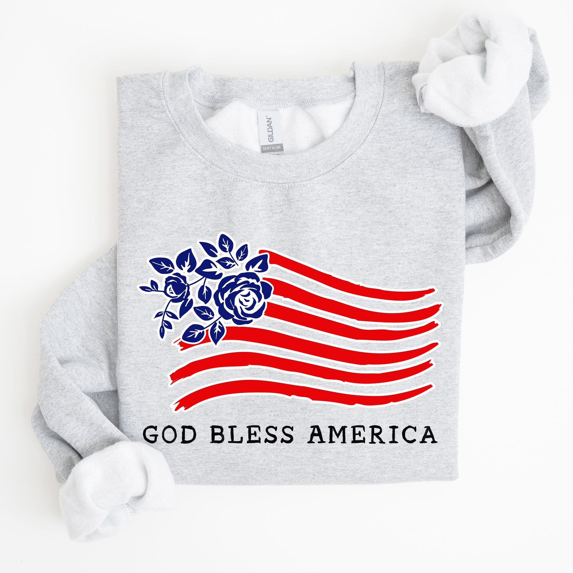 God Bless America Flower Flag 4th Of July Patriotic Floral Pattern Vintage Style Sweatshirt