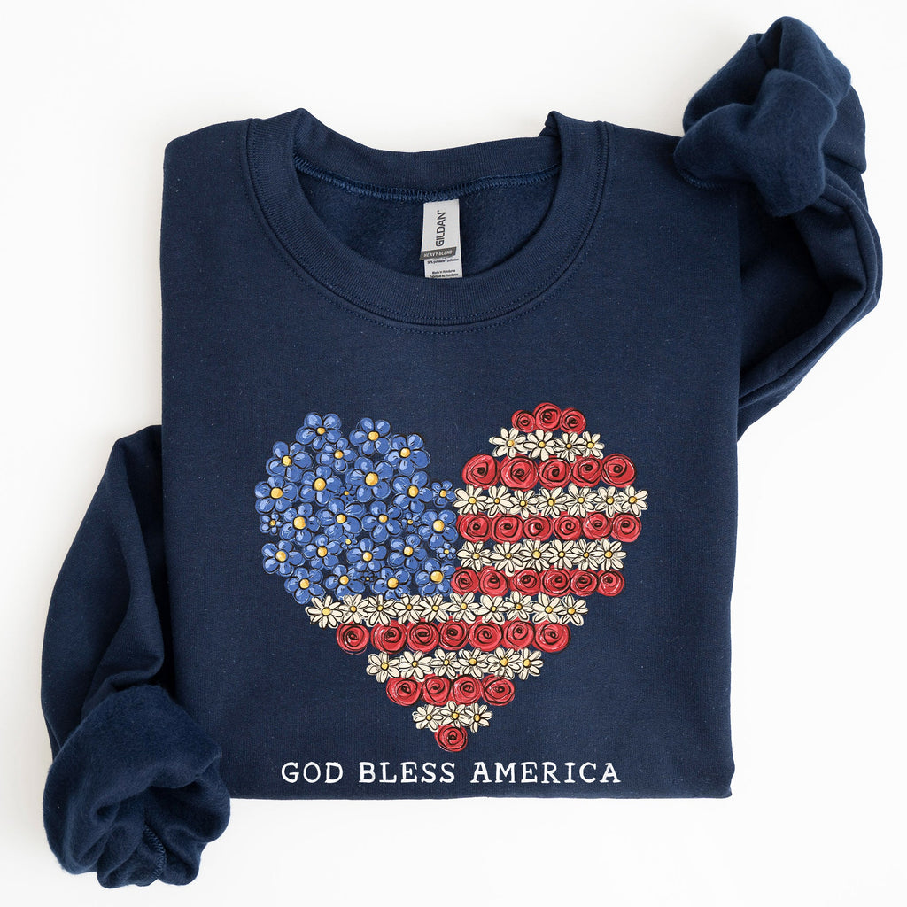 God Bless America Flowers Flag Heart Patriotic Floral Emblem Cozy Cotton Vintage Heritage Sweatshirt