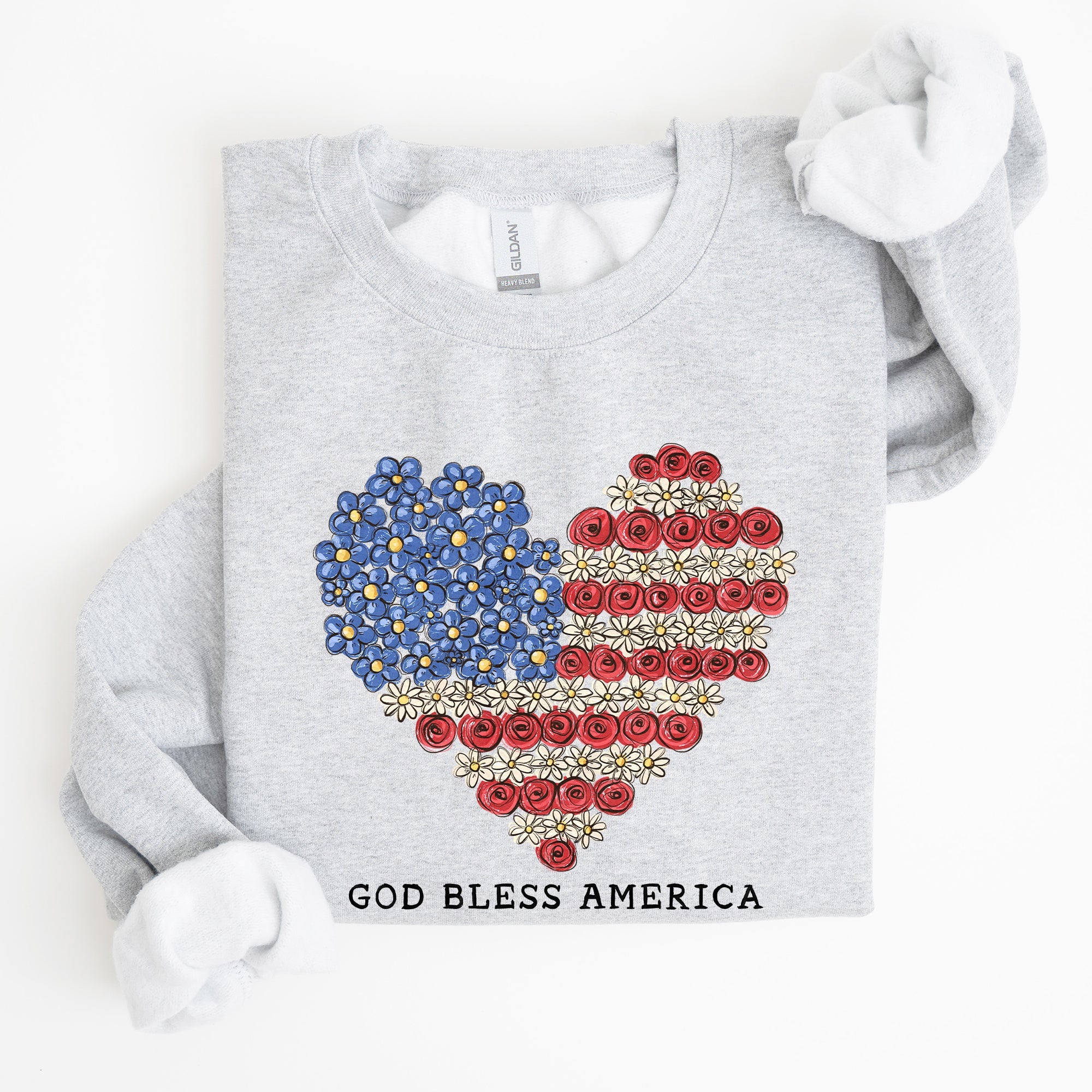 God Bless America Flowers Flag Heart Patriotic Floral Emblem Cozy Cotton Vintage Heritage Sweatshirt