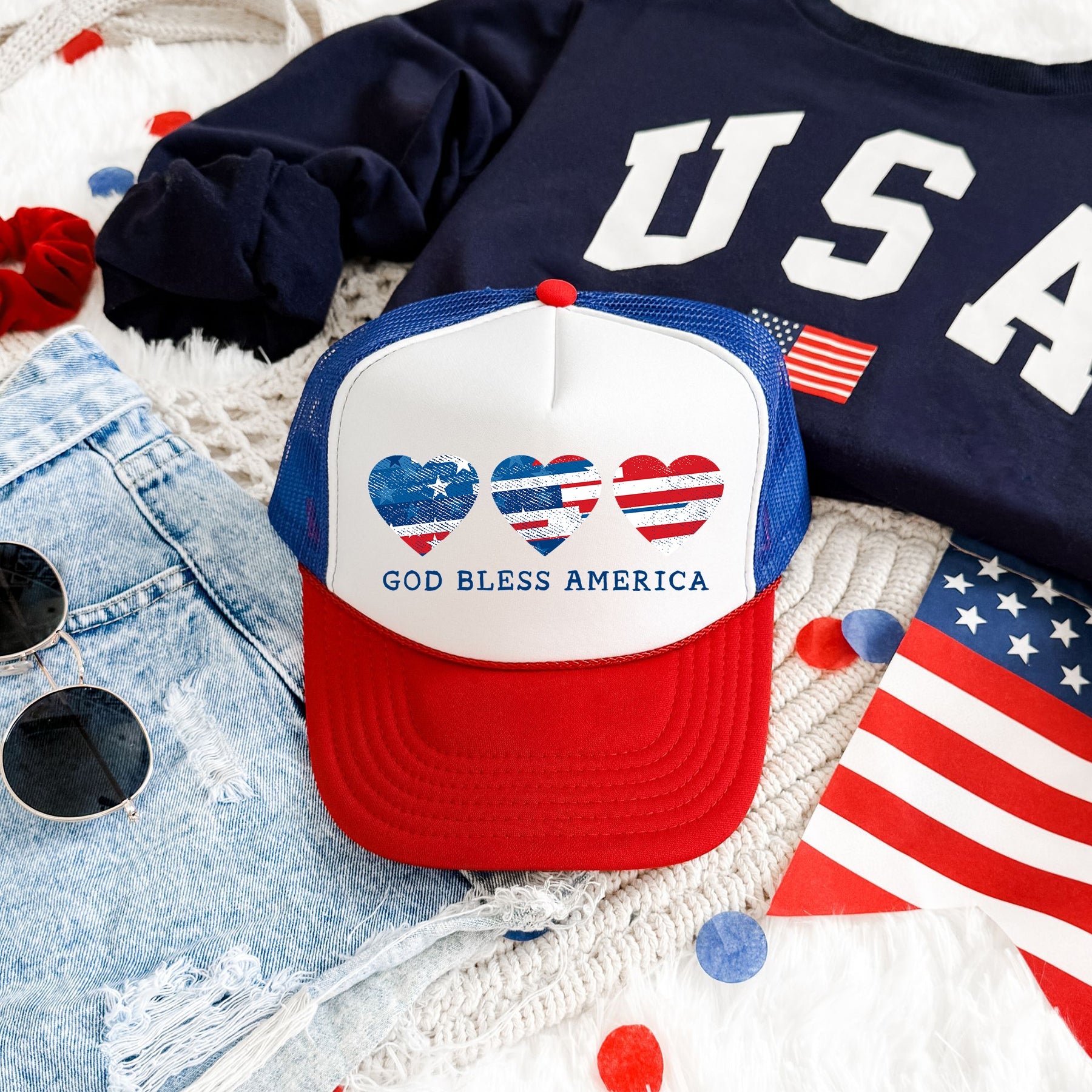 God Bless America Hearts Patriotic Embroidered USA Flag Patch American Pride Trucker Hat