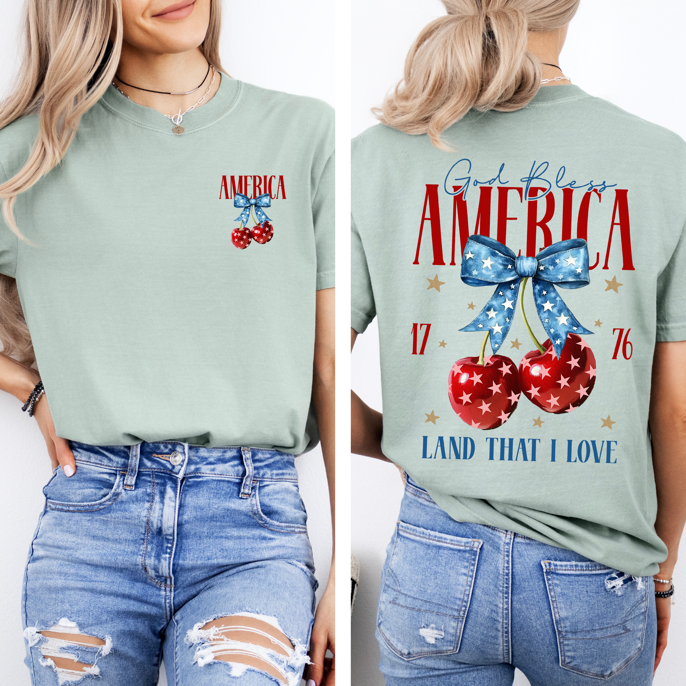 God Bless America Patriotic Cherries USA Fourth Of July Flag Design Comfort Colors Tee