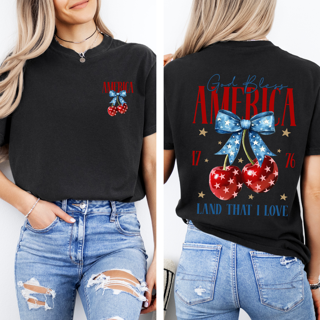 God Bless America Patriotic Cherries USA Fourth Of July Flag Design Comfort Colors Tee