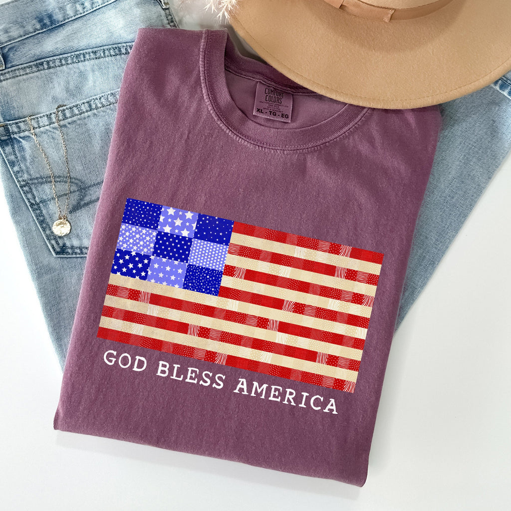 God Bless America Land That I Love USA Flag Patriotic Graphic Comfort Colors Tee
