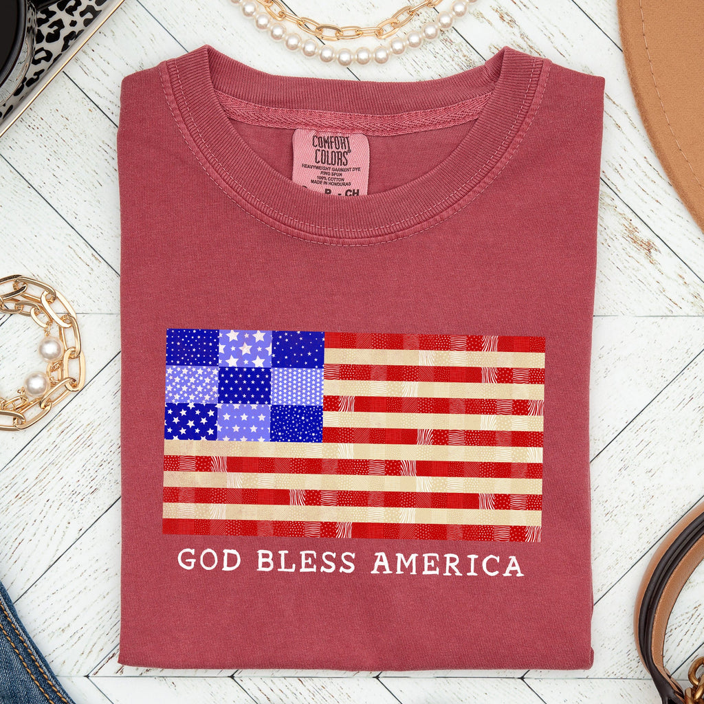 God Bless America Land That I Love USA Flag Patriotic Graphic Comfort Colors Tee
