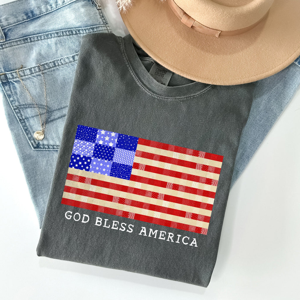 God Bless America Land That I Love USA Flag Patriotic Graphic Comfort Colors Tee