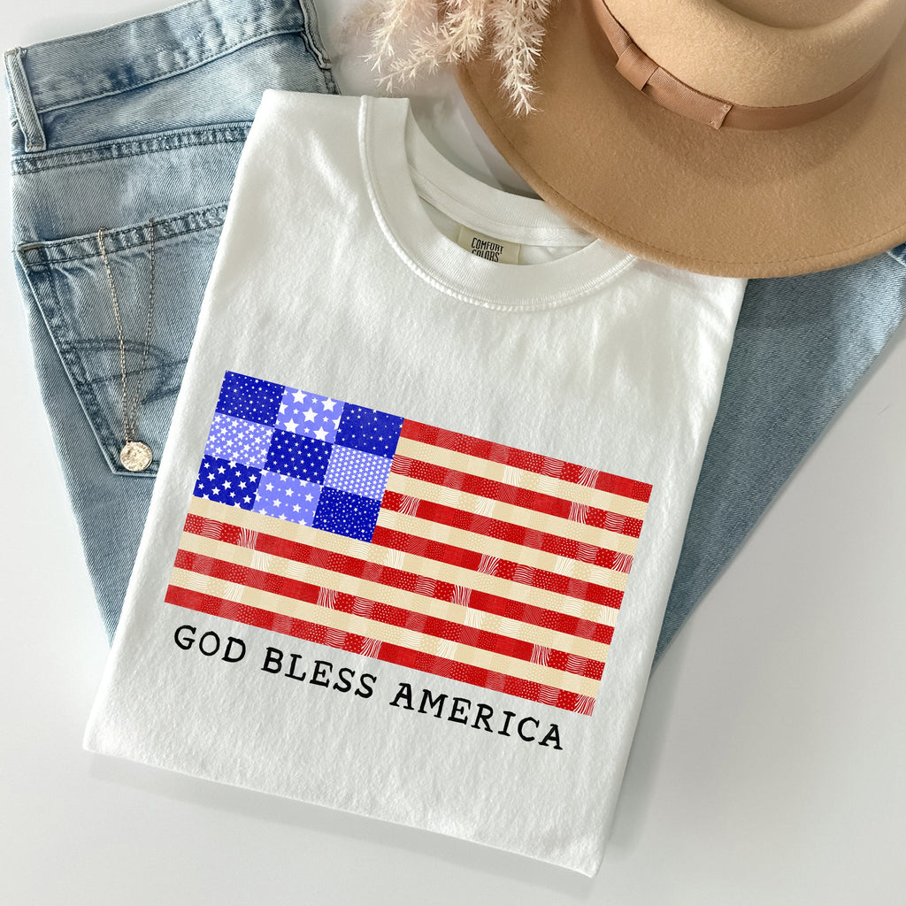 God Bless America Land That I Love USA Flag Patriotic Graphic Comfort Colors Tee