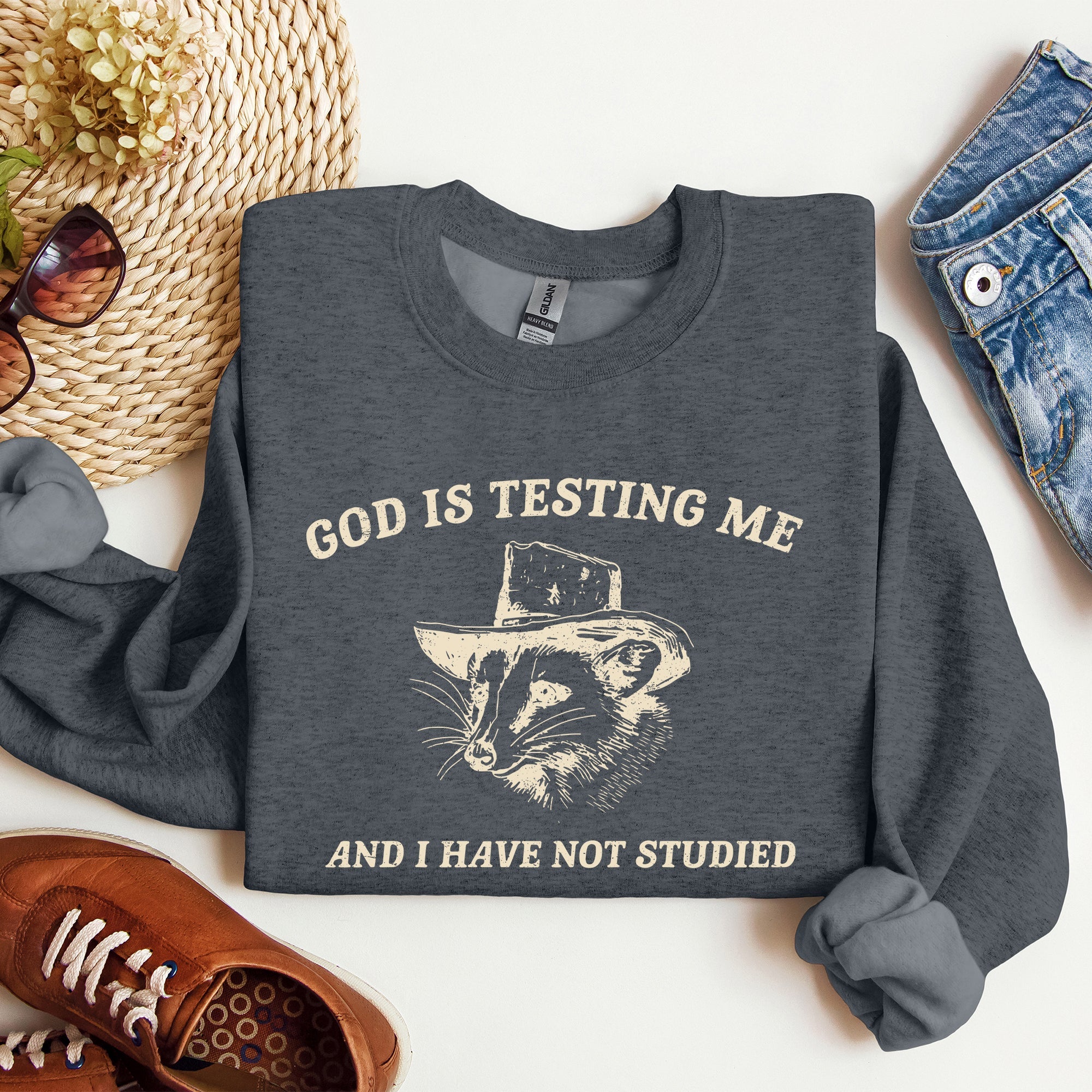 God Is Testing Me Opossum Possum Graphic Expression Of Faith Wit And Southern Charm Sweatshirt