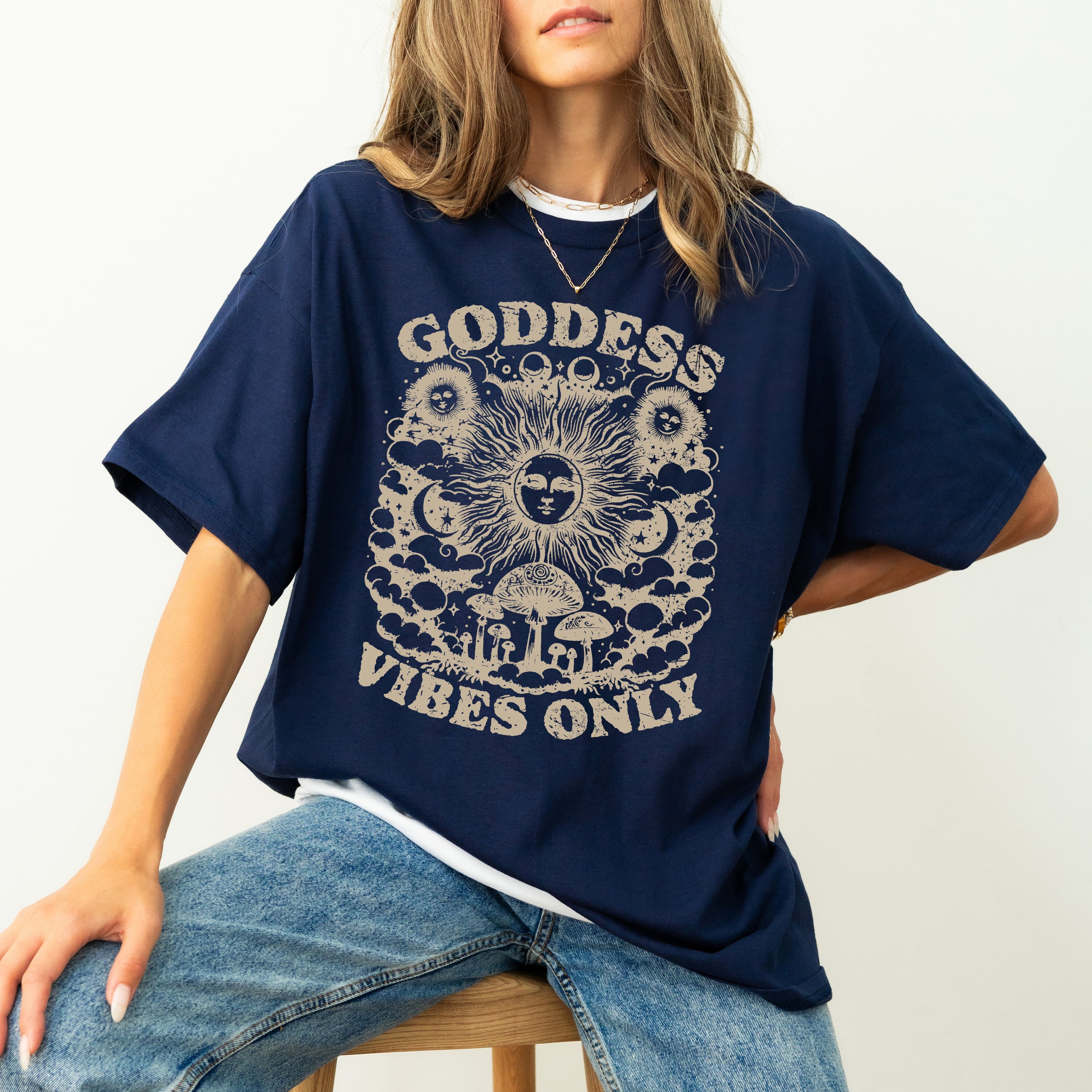 Goddess Vibes Only Spiritual Tarot Mystical Moon Sun Mushrooms Self Care Mental Health Comfort Colors Tee