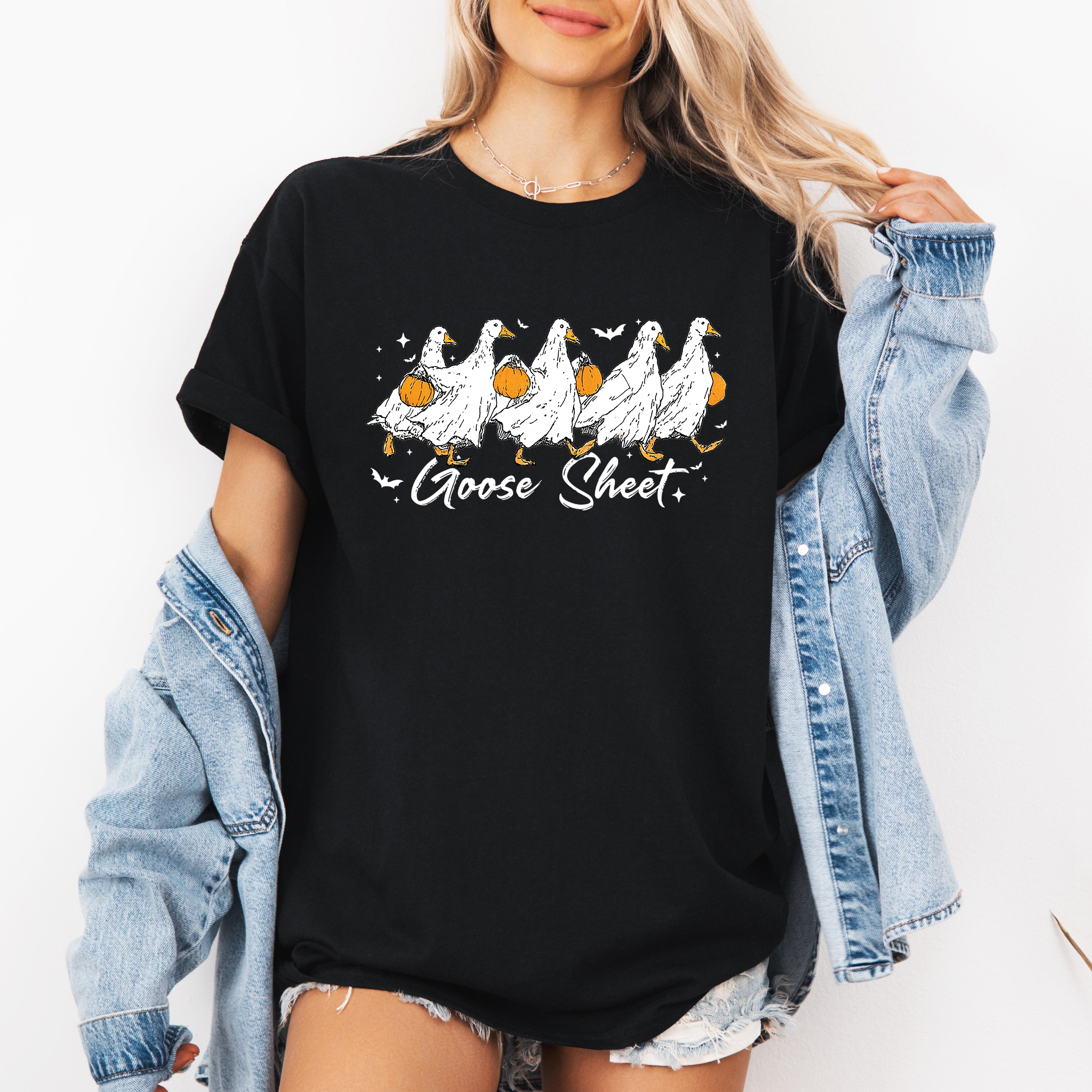 Goose Sheet Halloween Trick Or Treat Scene With Whimsical Ghosts And Harvest Moon Graphic Tee
