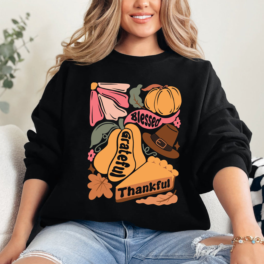 Grateful Thankful Blessed Autumn Thanksgiving Flowers Pumpkins Pilgrims Sweatshirt