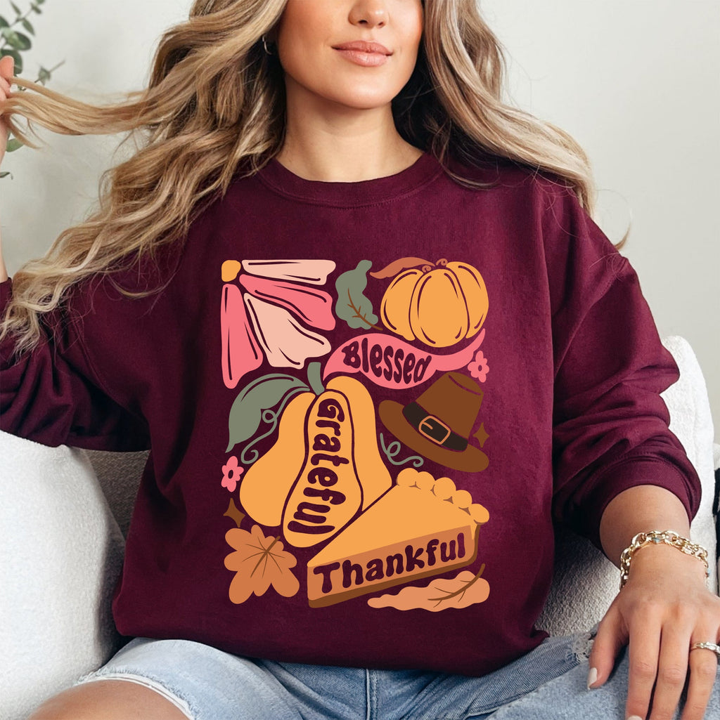 Grateful Thankful Blessed Autumn Thanksgiving Flowers Pumpkins Pilgrims Sweatshirt