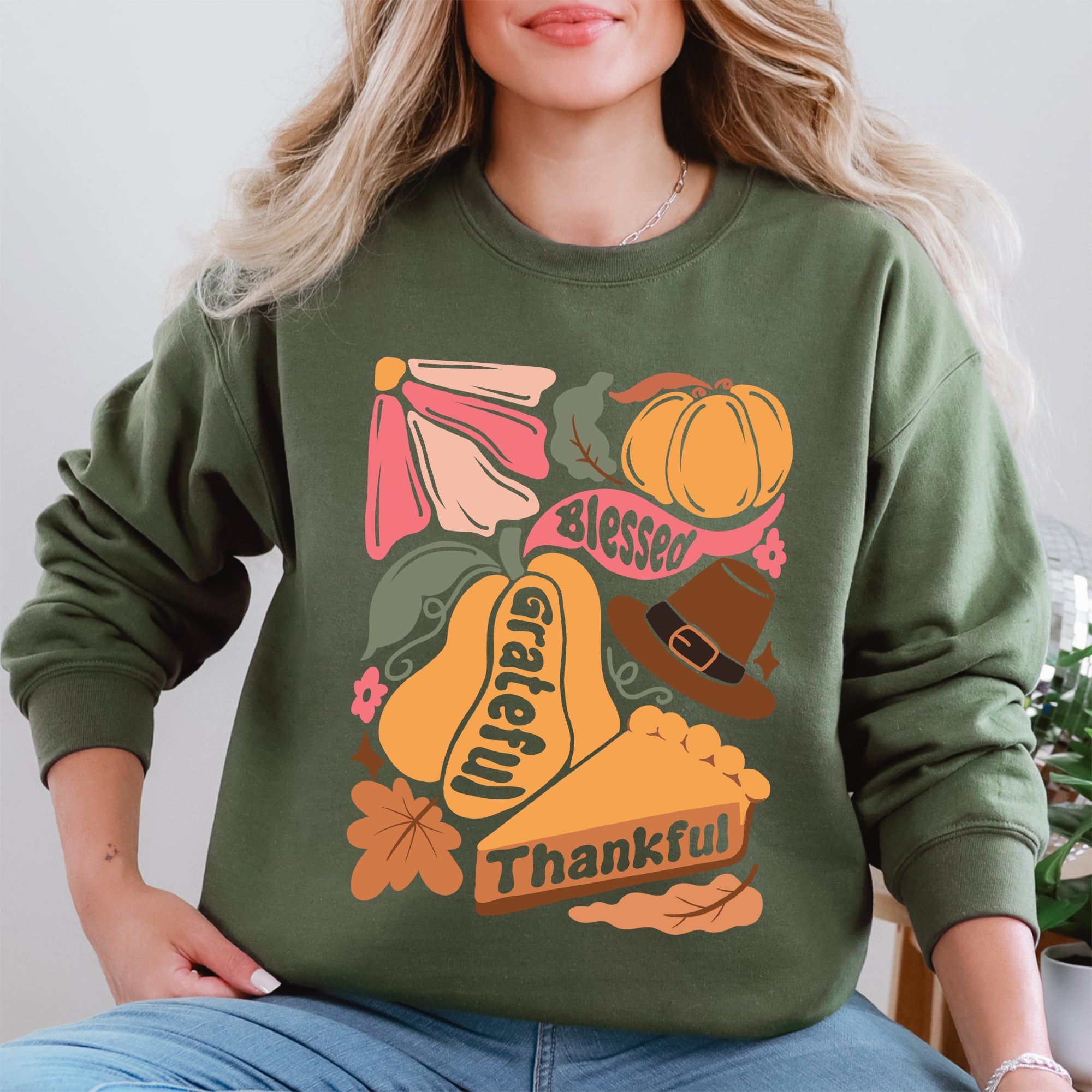 Grateful Thankful Blessed Autumn Thanksgiving Flowers Pumpkins Pilgrims Sweatshirt