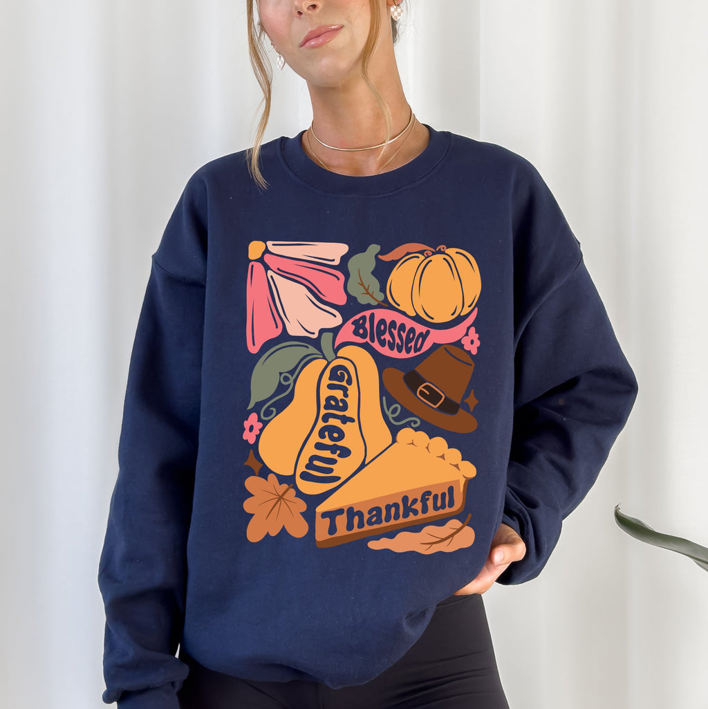 Grateful Thankful Blessed Autumn Thanksgiving Flowers Pumpkins Pilgrims Sweatshirt