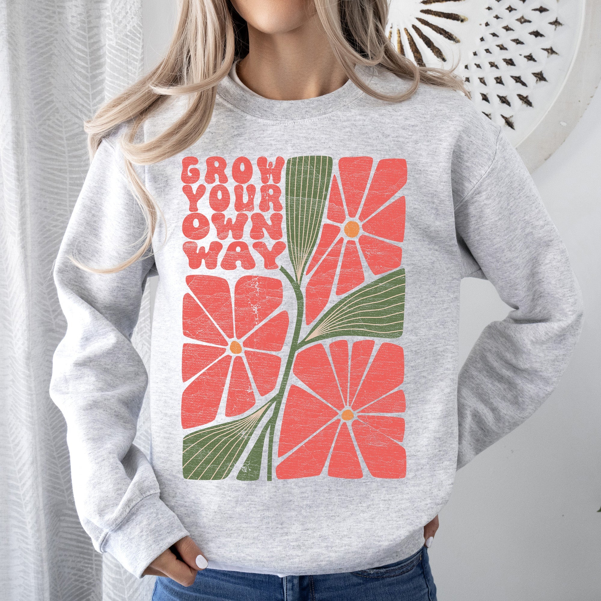 Grow Your Own Way, Retro Flowers Cozy Vintage Floral Graphic Print Edition Sweatshirt