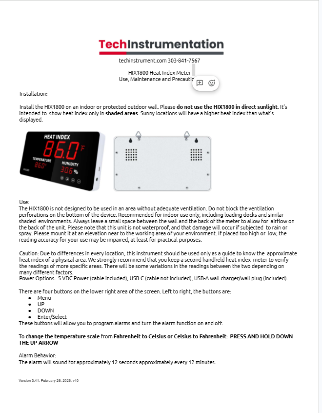 HIX1800 Big LED Digit Heat Stress Monitor with Alarm