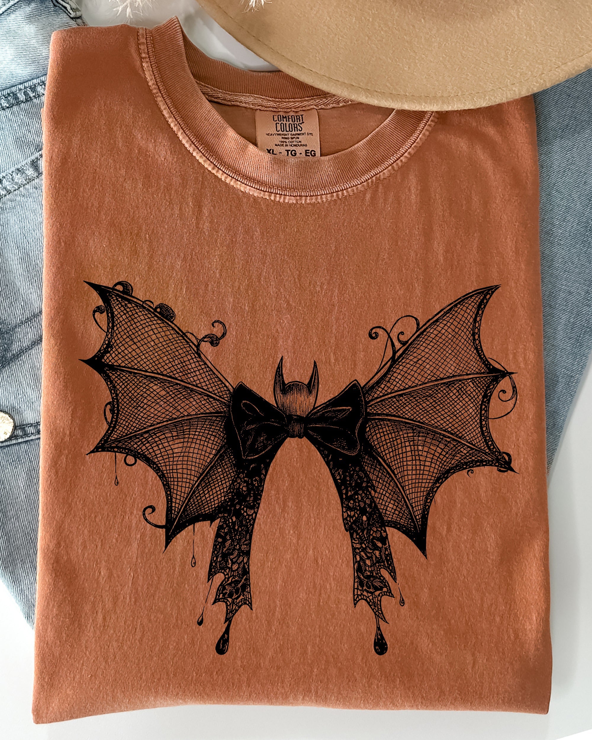 Halloween Bat With Delicate Lace Gothic Witch Silhouette And Spooky Night Motif Comfort Colors Tee