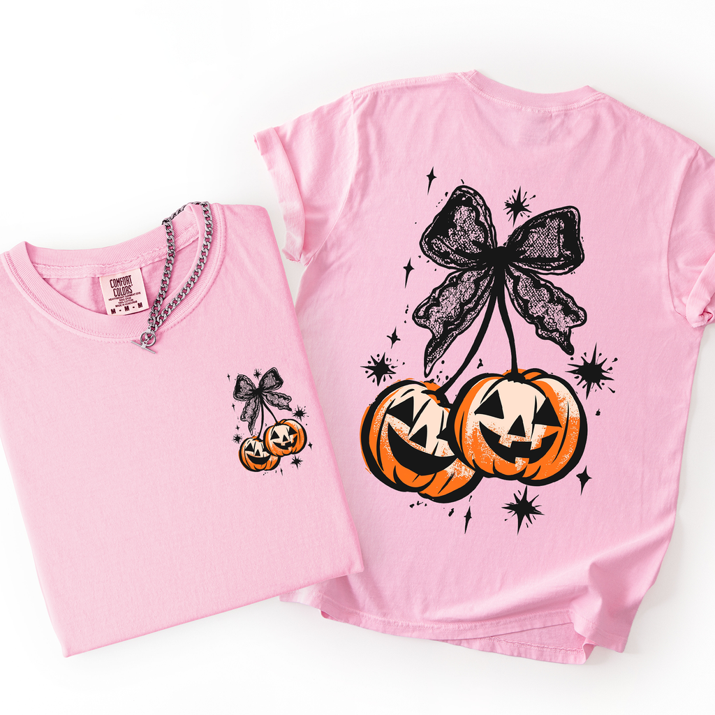 Halloween Cherry Pumpkins Whimsical Front And Back Print Colorful Graphic Soft Cotton Comfort Colors Tee