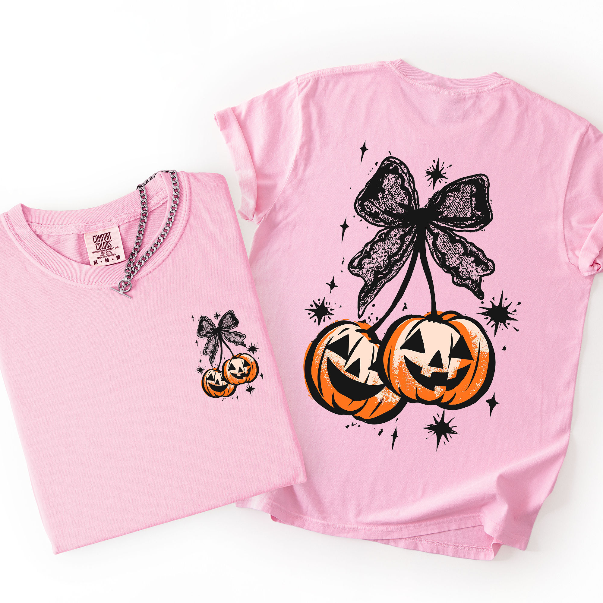 Halloween Cherry Pumpkins Whimsical Front And Back Print Colorful Graphic Soft Cotton Comfort Colors Tee