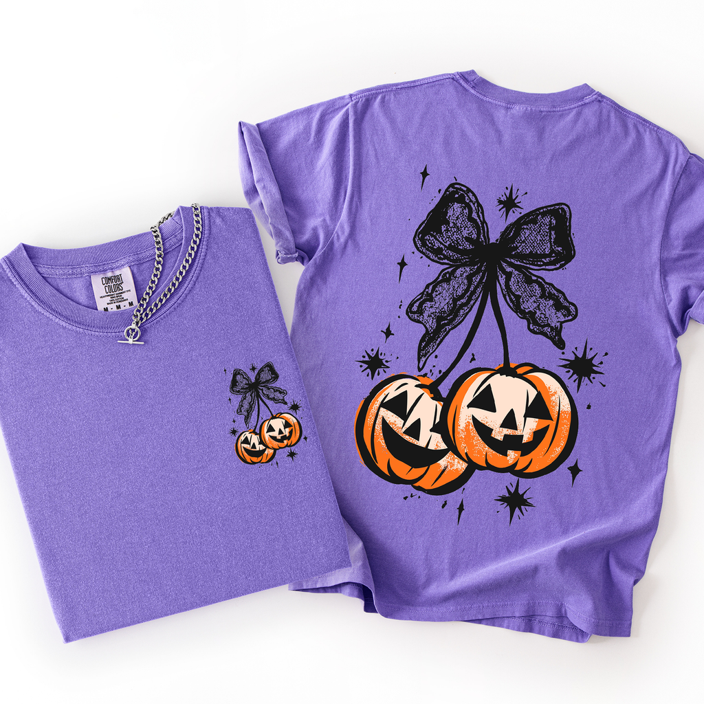 Halloween Cherry Pumpkins Whimsical Front And Back Print Colorful Graphic Soft Cotton Comfort Colors Tee
