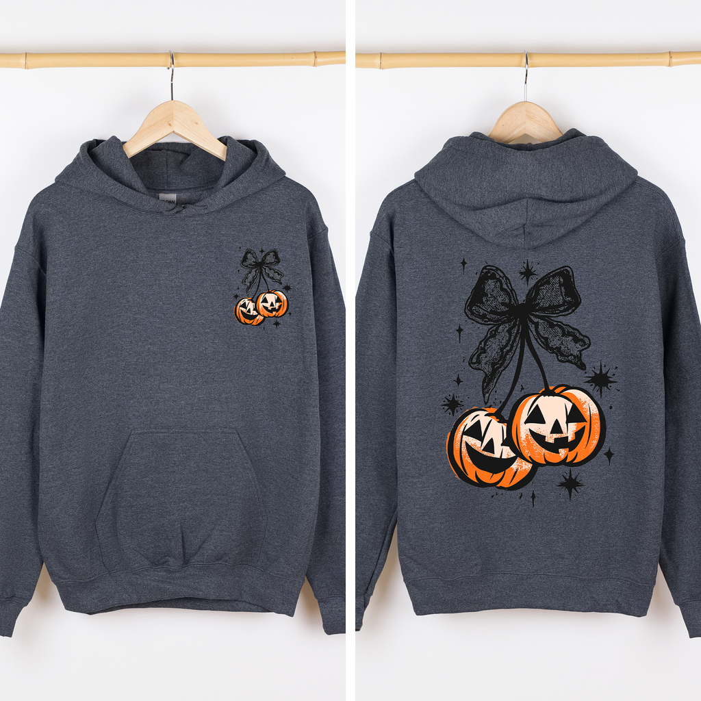 Halloween Cherry Pumpkins Front And Back Vintage Cartoon Style Illustrations Autumn Night Theme Graphic Hoodie