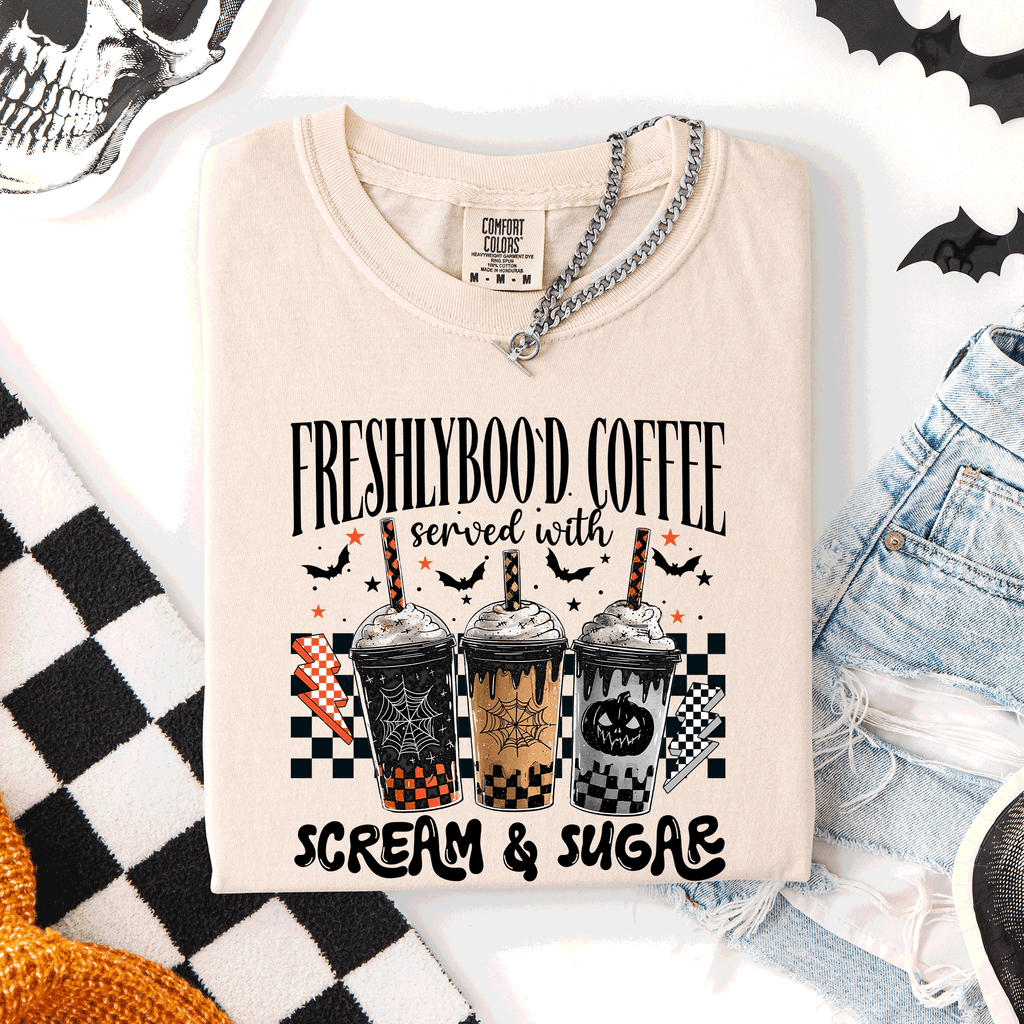 Freshly Boo'd Halloween Coffee Witch Spooky Cozy Night Vibes Graphic Comfort Colors Tee