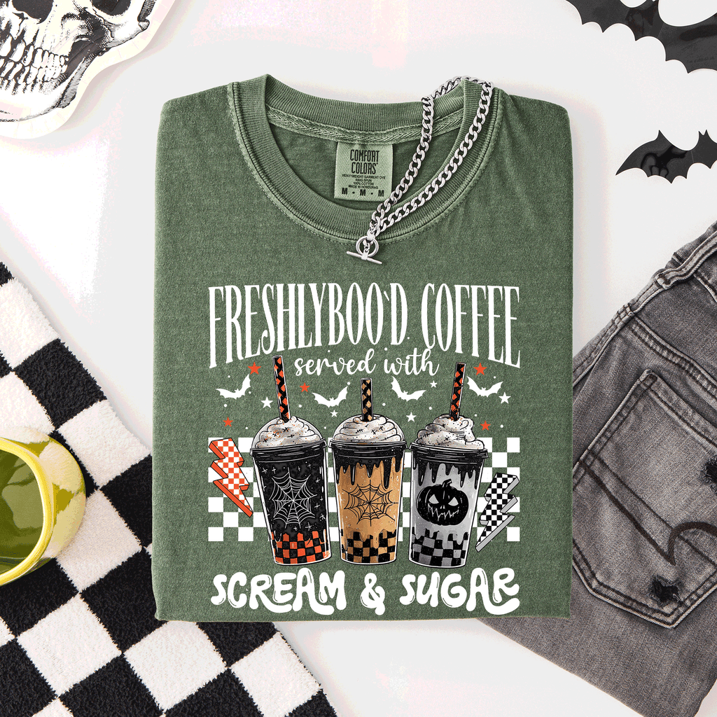 Freshly Boo'd Halloween Coffee Witch Spooky Cozy Night Vibes Graphic Comfort Colors Tee