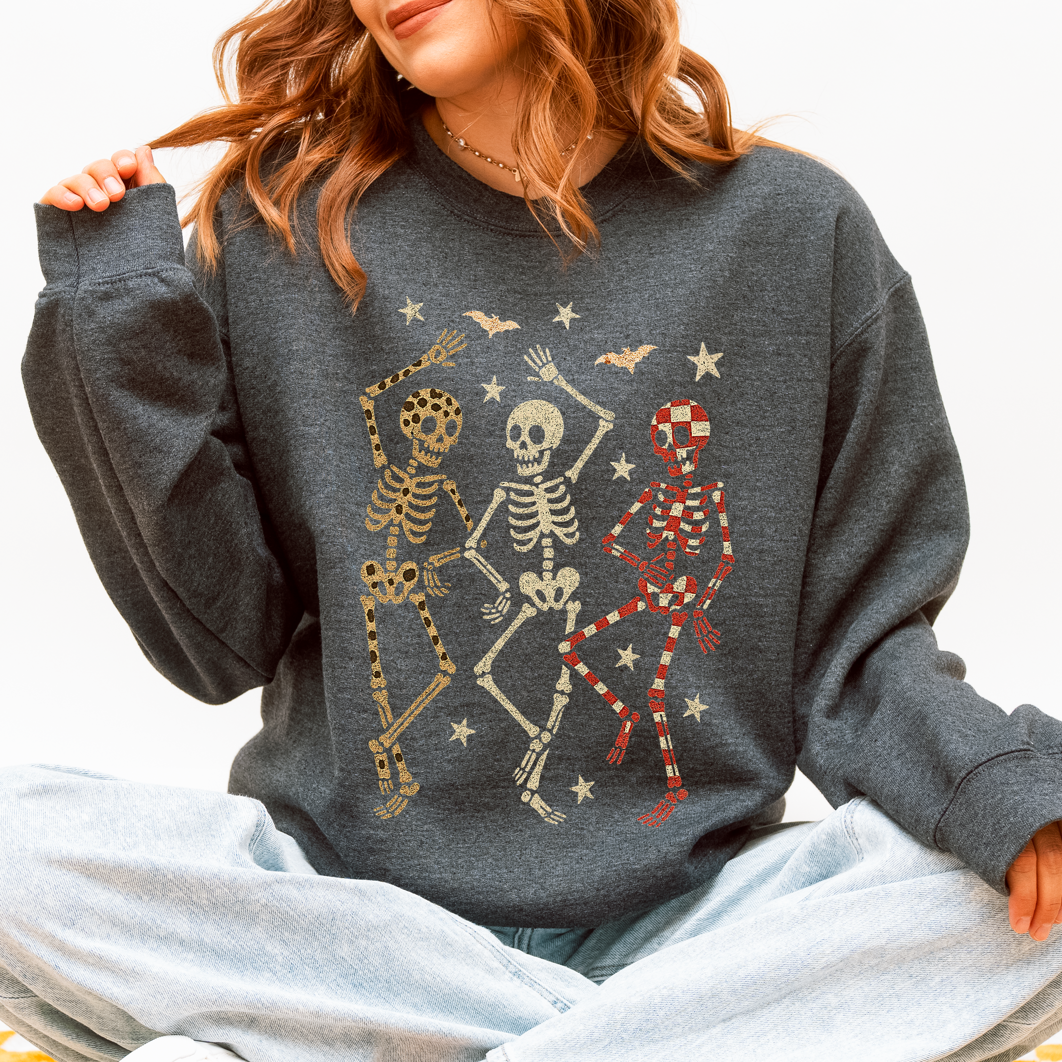 Halloween Dancing Skeletons Retro Leopard Checker Cherry Print Spooky Season Graphic Sweatshirt