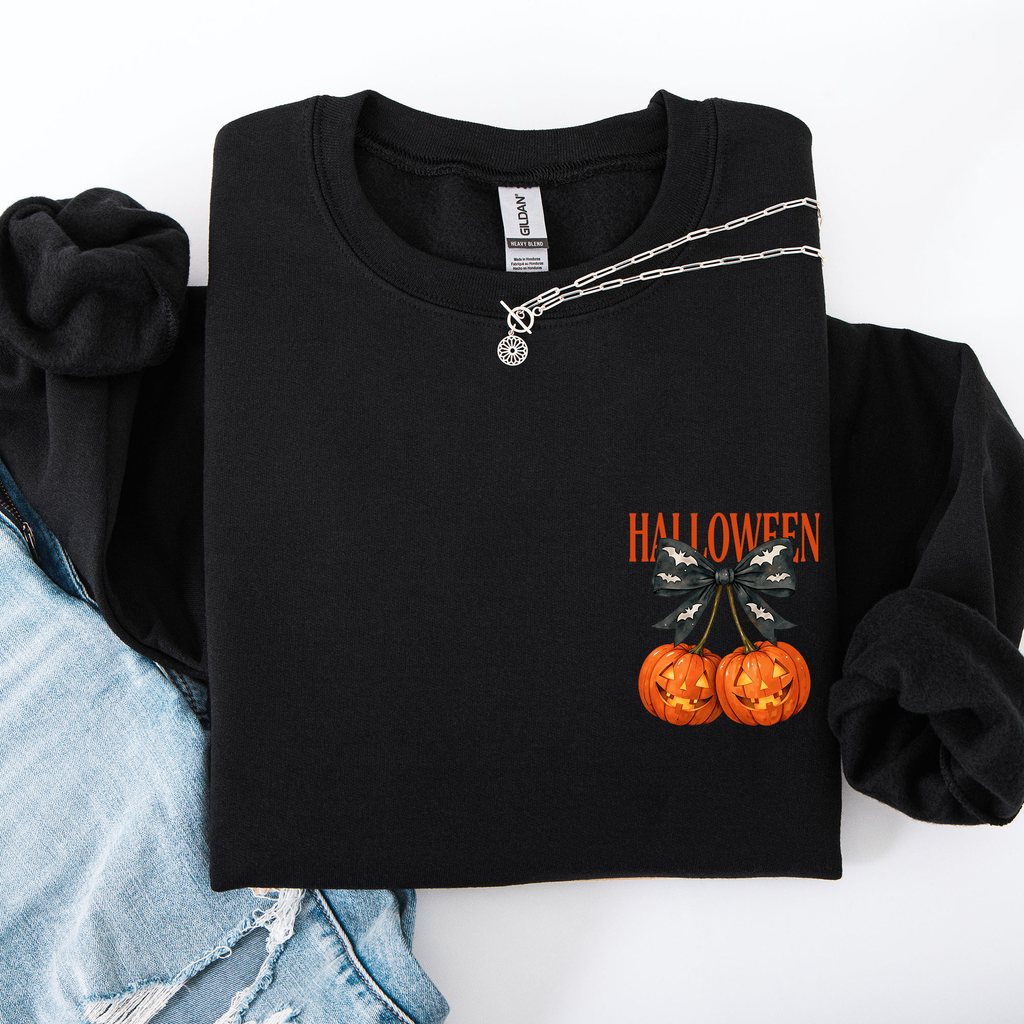 Halloween Jack o Lanterns Cherry Coquette Graphic Print Cozy Autumn Collection Pocket Sweatshirt