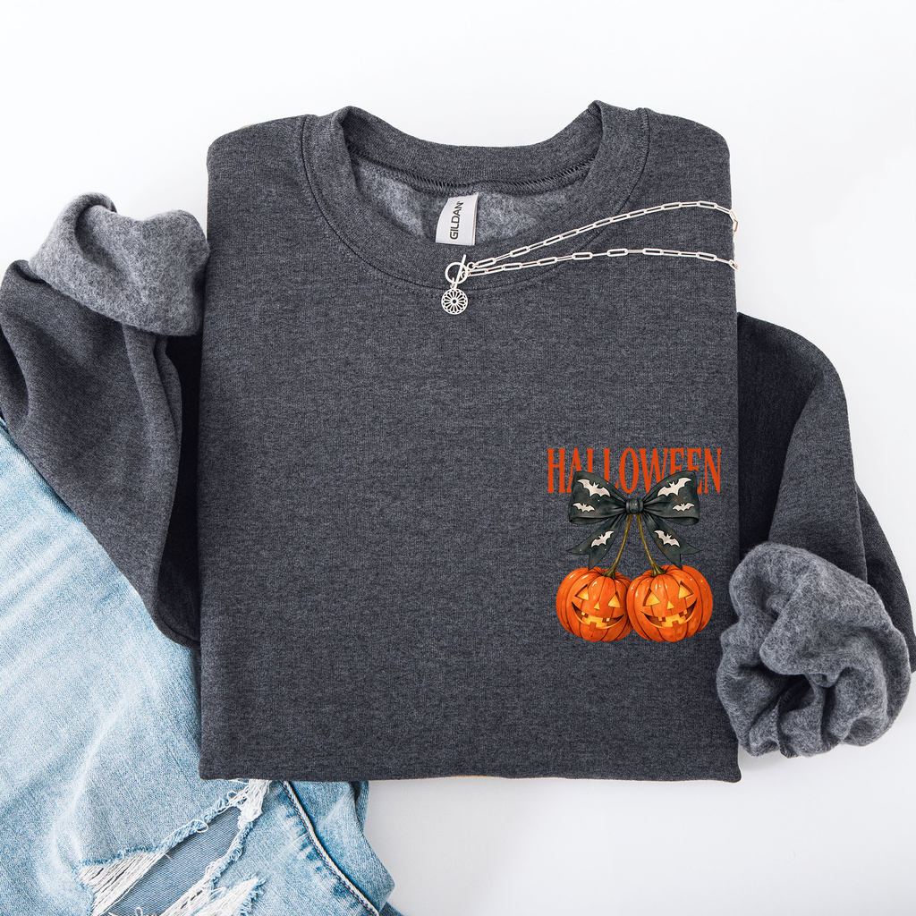 Halloween Jack o Lanterns Cherry Coquette Graphic Print Cozy Autumn Collection Pocket Sweatshirt