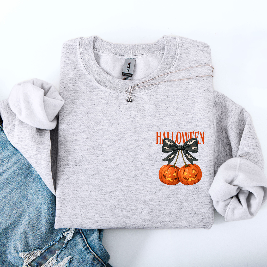 Halloween Jack o Lanterns Cherry Coquette Graphic Print Cozy Autumn Collection Pocket Sweatshirt