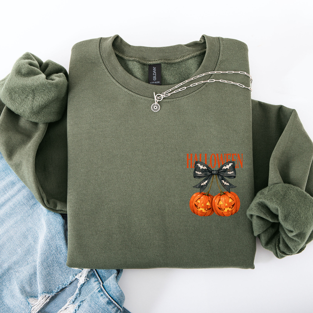 Halloween Jack o Lanterns Cherry Coquette Graphic Print Cozy Autumn Collection Pocket Sweatshirt