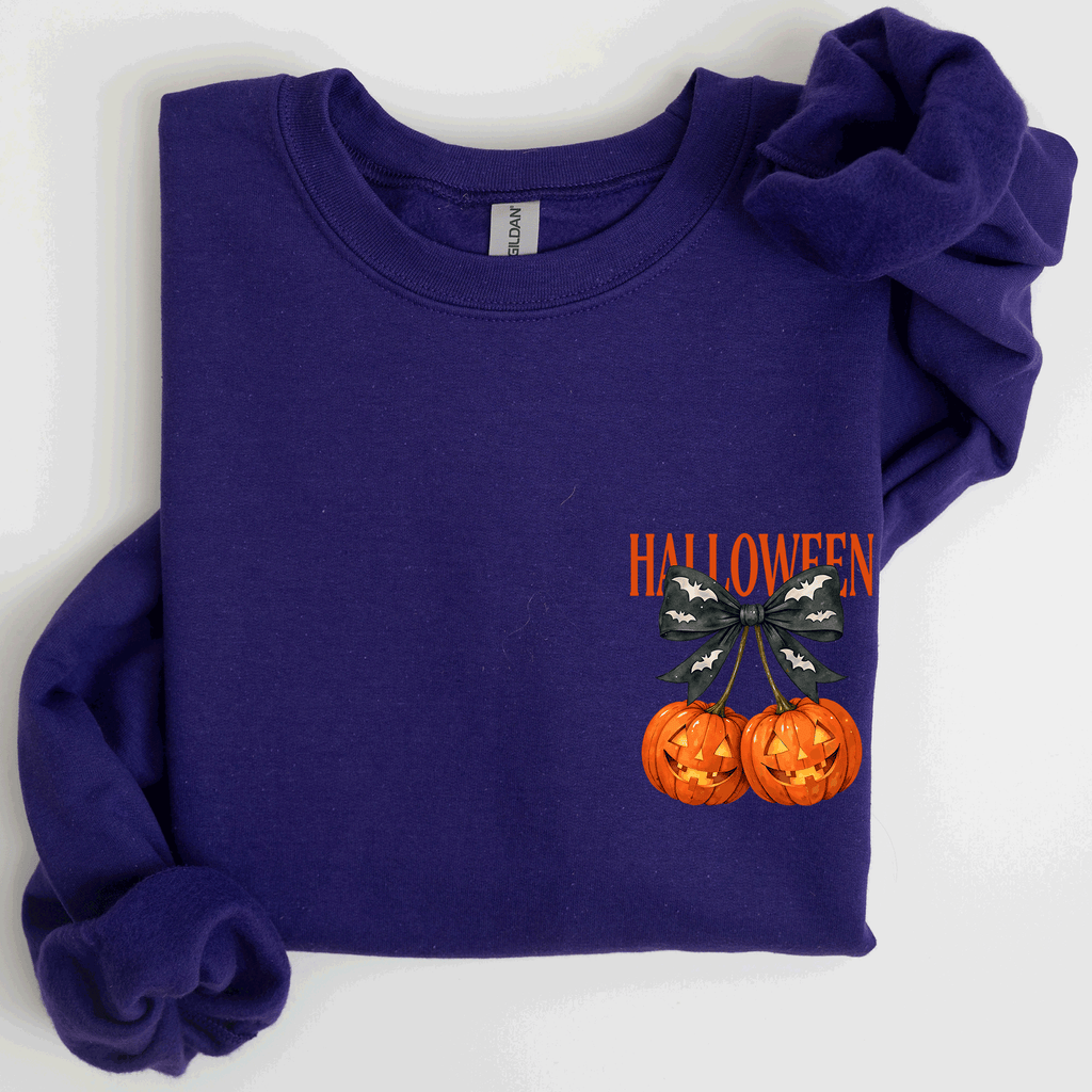 Halloween Jack o Lanterns Cherry Coquette Graphic Print Cozy Autumn Collection Pocket Sweatshirt