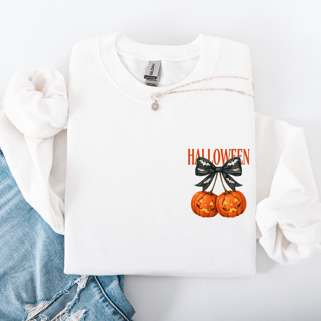 Halloween Jack o Lanterns Cherry Coquette Graphic Print Cozy Autumn Collection Pocket Sweatshirt