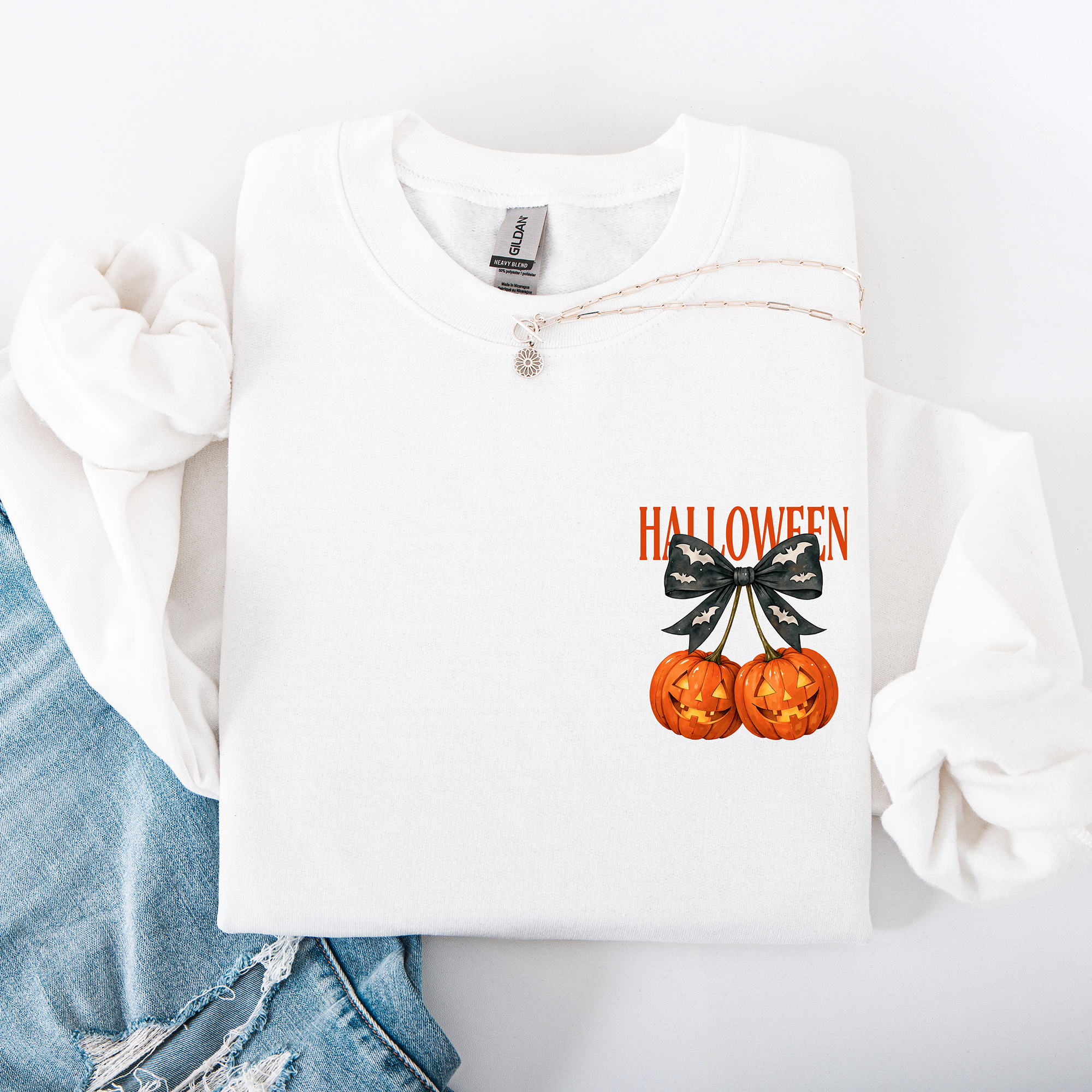 Halloween Jack o Lanterns Cherry Coquette Graphic Print Cozy Autumn Collection Pocket Sweatshirt