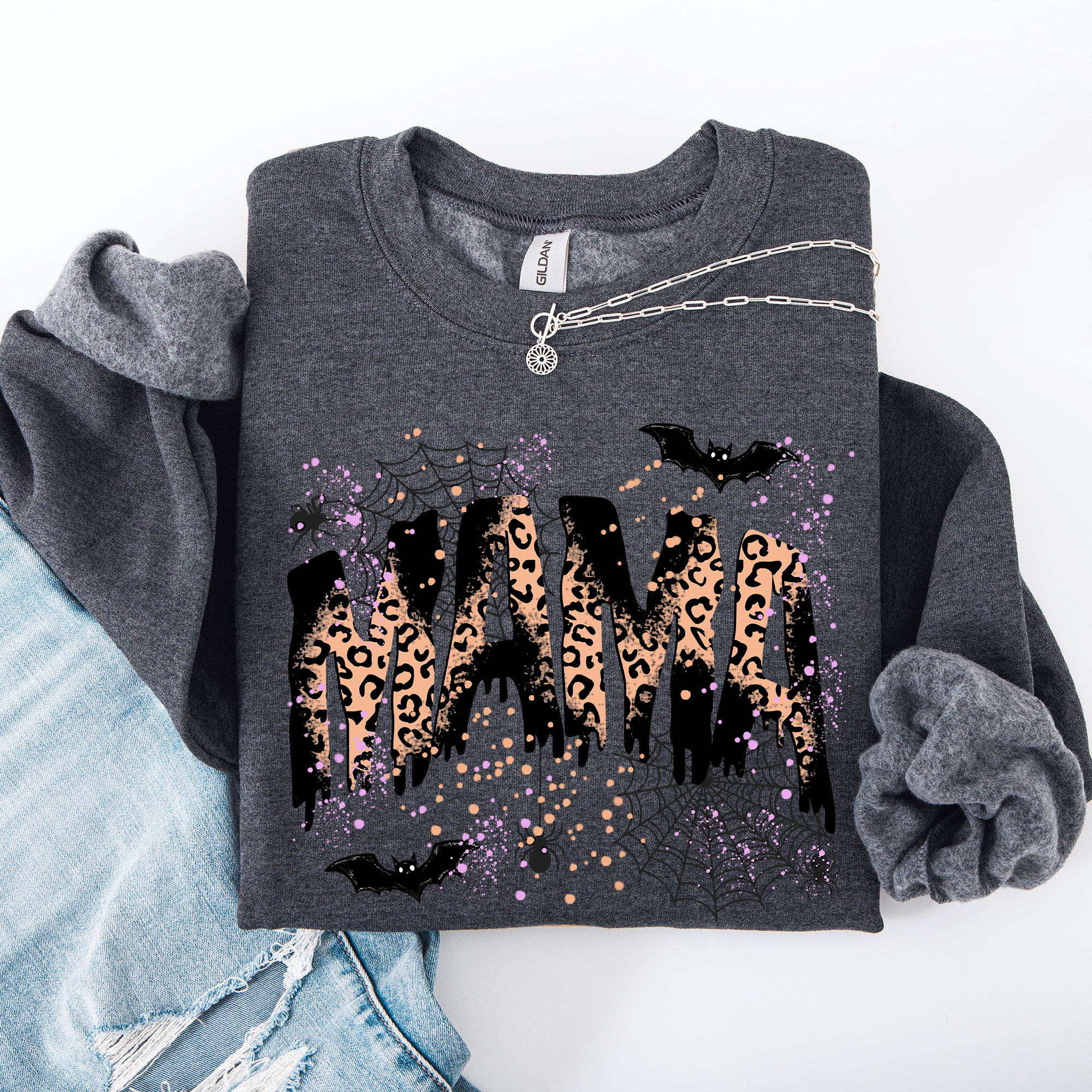 Halloween Mama Leopard Patchwork Spooky Season Witchy Retro Vibe Nostalgic Sweatshirt