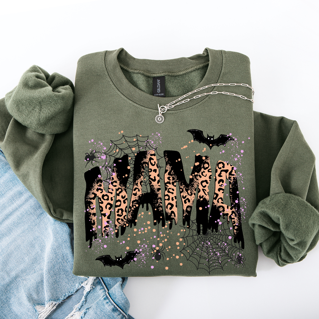Halloween Mama Leopard Patchwork Spooky Season Witchy Retro Vibe Nostalgic Sweatshirt