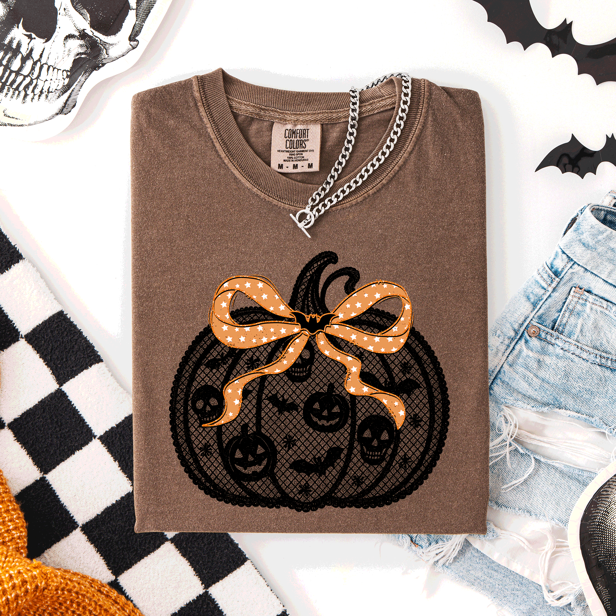 Halloween Pumpkin Faux Lace Coquette Ribbon And Bows Festive Style Comfort Colors Tee