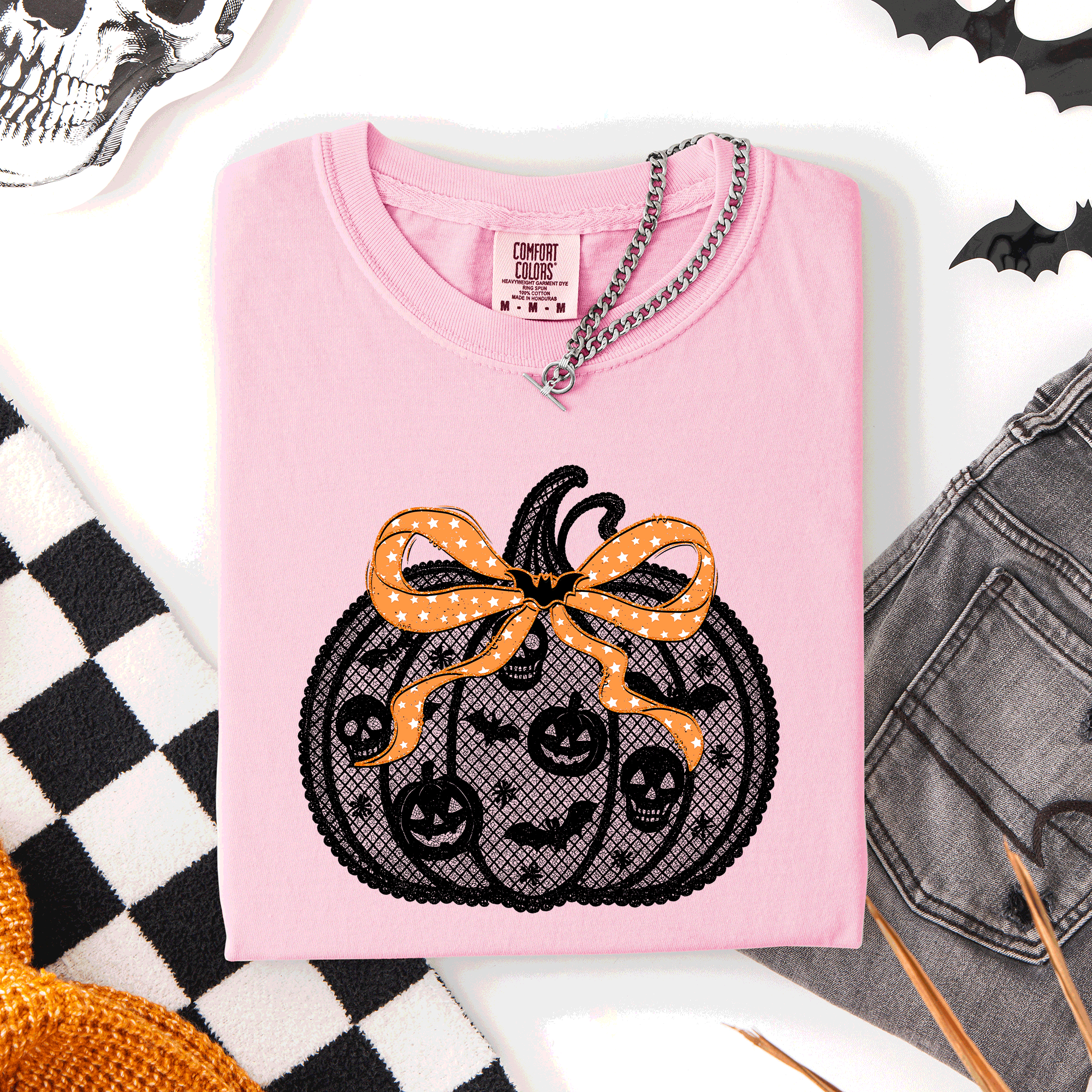 Halloween Pumpkin Faux Lace Coquette Ribbon And Bows Festive Style Comfort Colors Tee