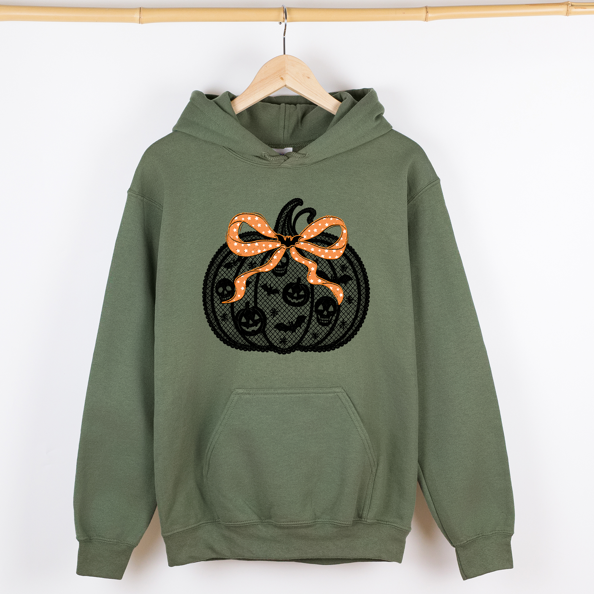 Halloween Pumpkin Faux Lace Coquette Ribbon Bows Embroidered Details Graphic Hoodie