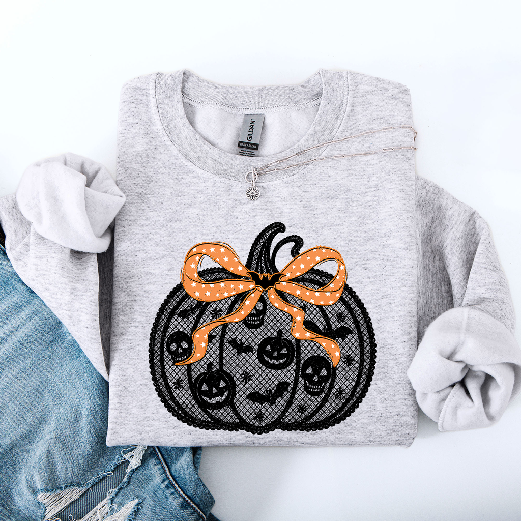 Halloween Pumpkin Faux Lace Coquette Ribbon Bows Embellished Velvet Accents Seasonal Collection Graphic Sweatshirt