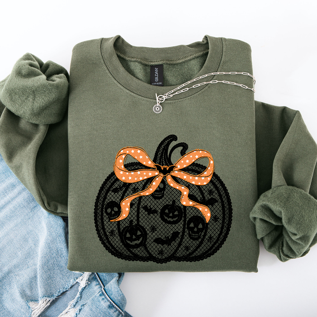 Halloween Pumpkin Faux Lace Coquette Ribbon Bows Embellished Velvet Accents Seasonal Collection Graphic Sweatshirt
