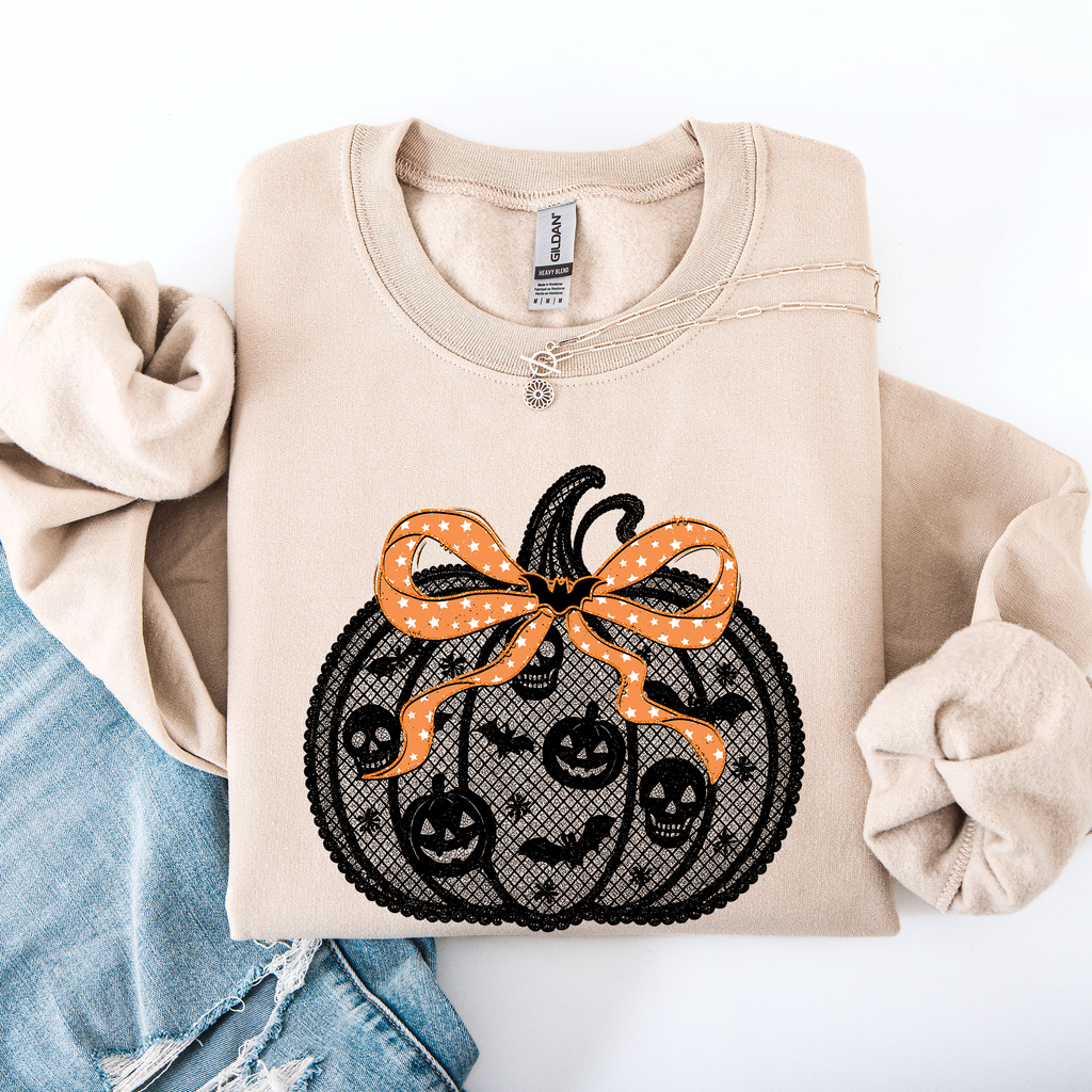 Halloween Pumpkin Faux Lace Coquette Ribbon Bows Embellished Velvet Accents Seasonal Collection Graphic Sweatshirt