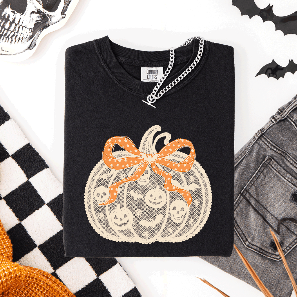 Halloween Pumpkin Faux Lace Coquette Ribbon And Bows Festive Style Comfort Colors Tee