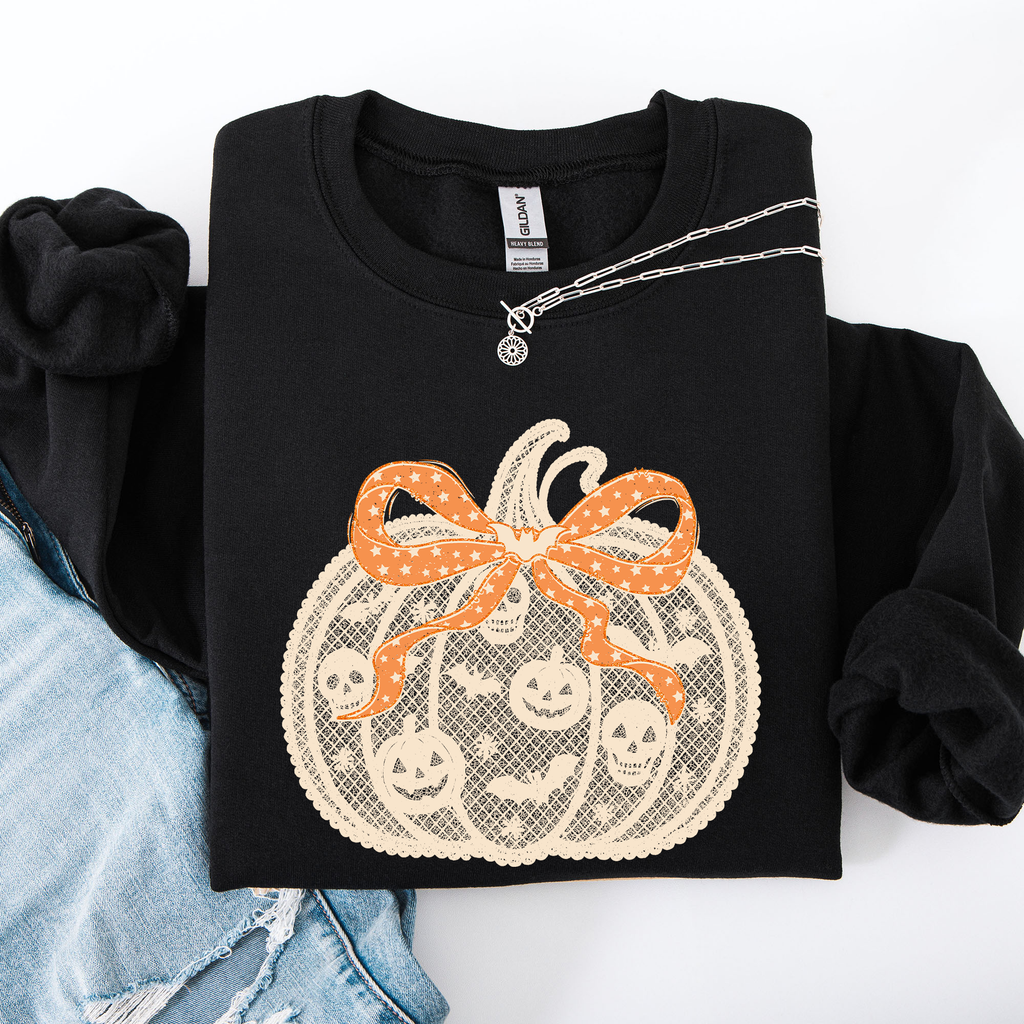 Halloween Pumpkin Faux Lace Coquette Ribbon Bows Embellished Velvet Accents Seasonal Collection Graphic Sweatshirt