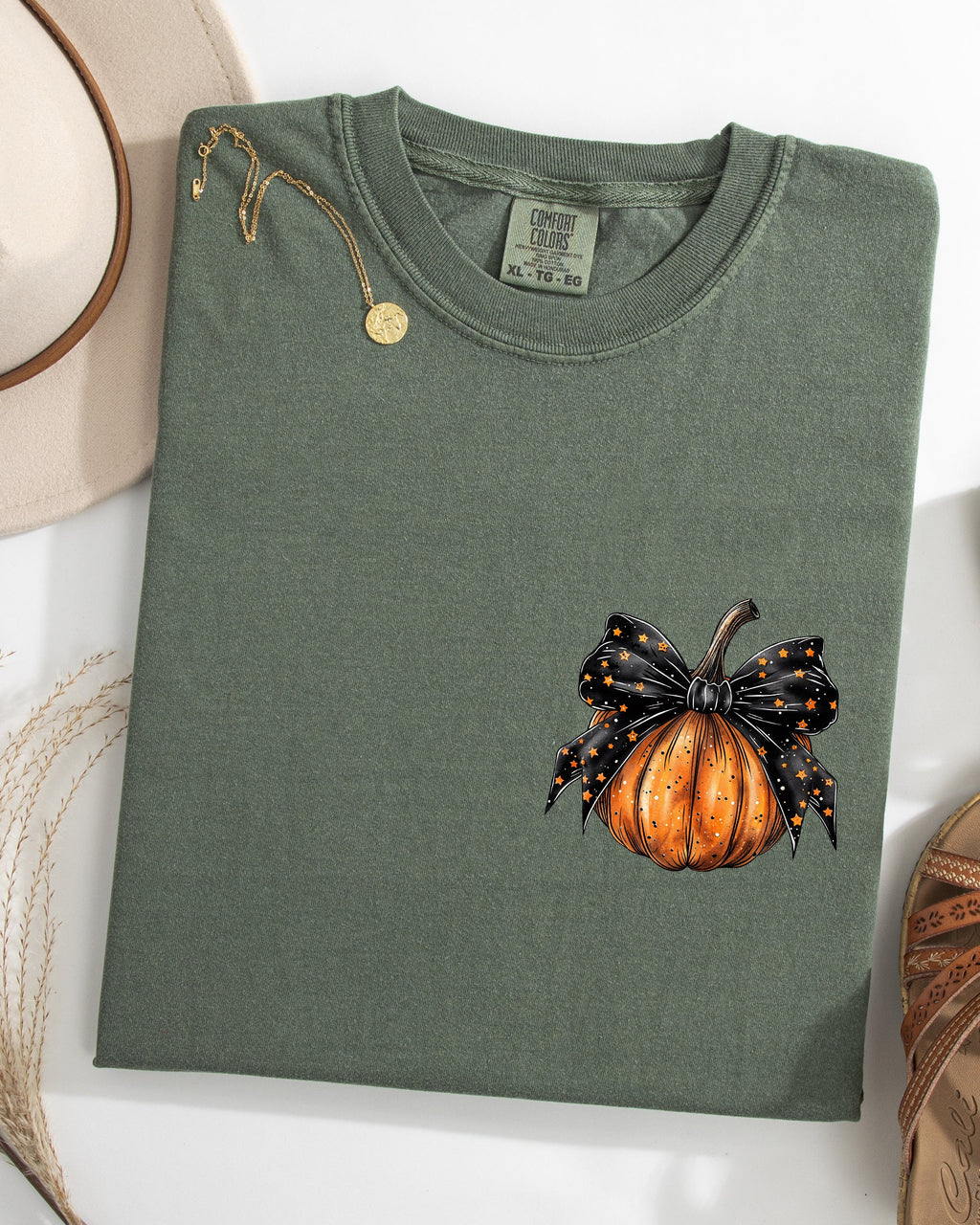 Halloween Pumpkin Ribbon Pocket Print Coquette Fall Autumn Seasonal Comfort Colors Tee