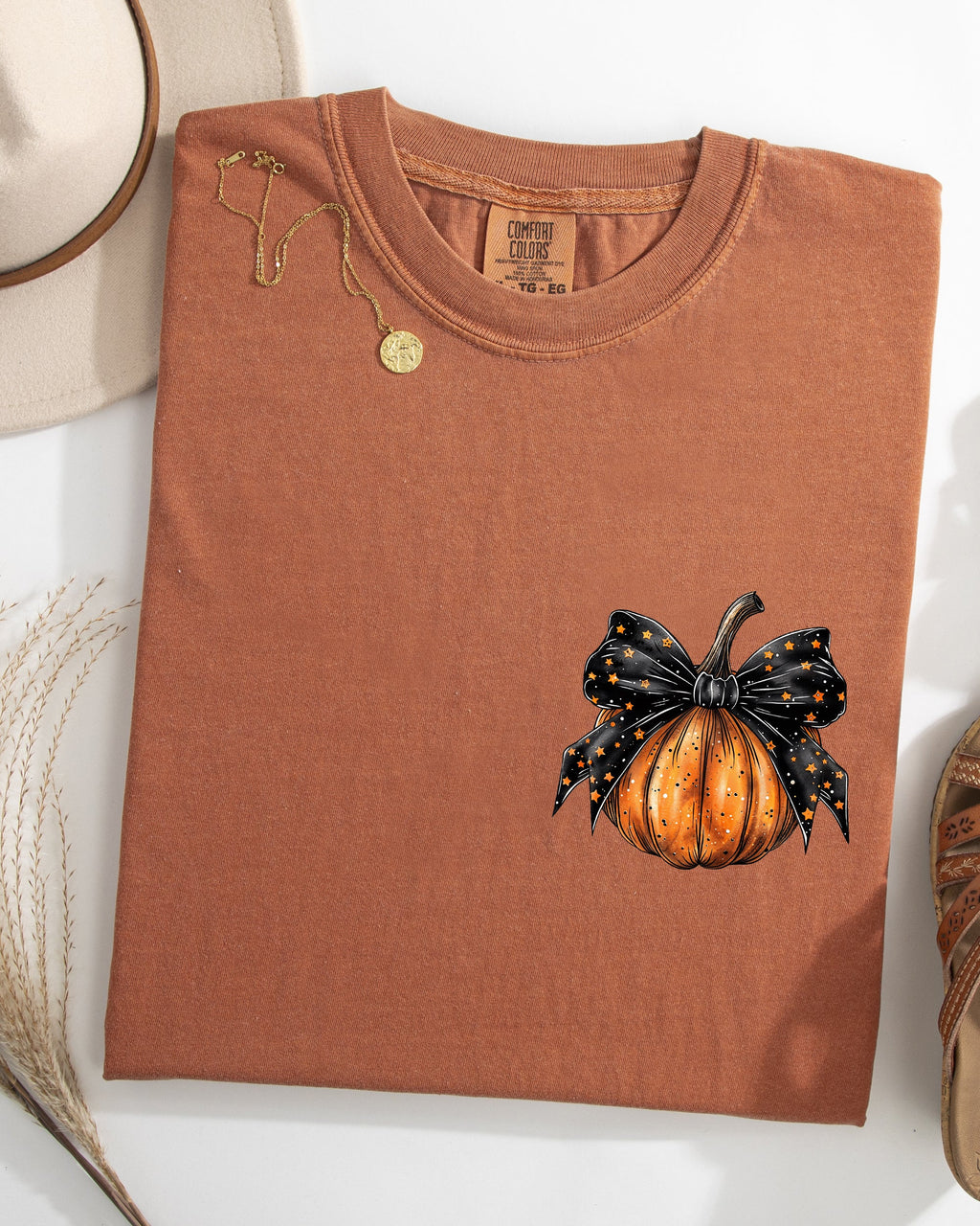 Halloween Pumpkin Ribbon Pocket Print Coquette Fall Autumn Seasonal Comfort Colors Tee