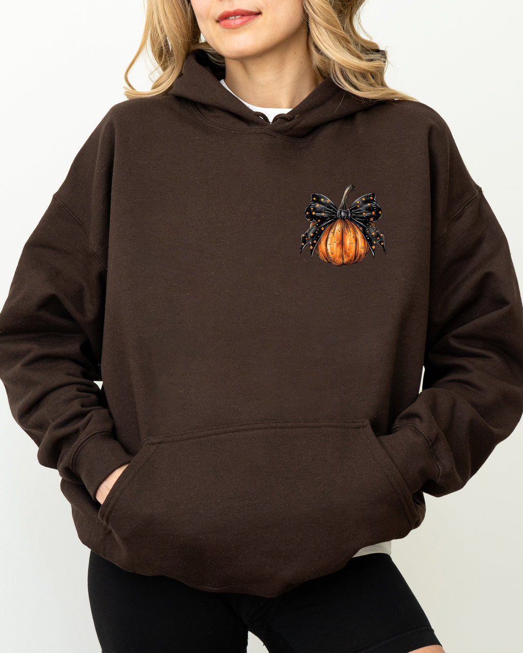 Halloween Pumpkin Ribbon Pocket Print Graphic Coquette Fall Autumn Hooded Sweatshirt