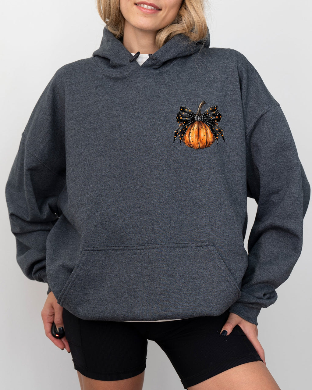 Halloween Pumpkin Ribbon Pocket Print Graphic Coquette Fall Autumn Hooded Sweatshirt